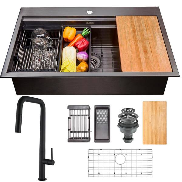AKDY Gunmetal Matte Black Finish Stainless Steel 33 in. x 22 in. Single Bowl Drop-In Workstation Kitchen Sink with Faucet