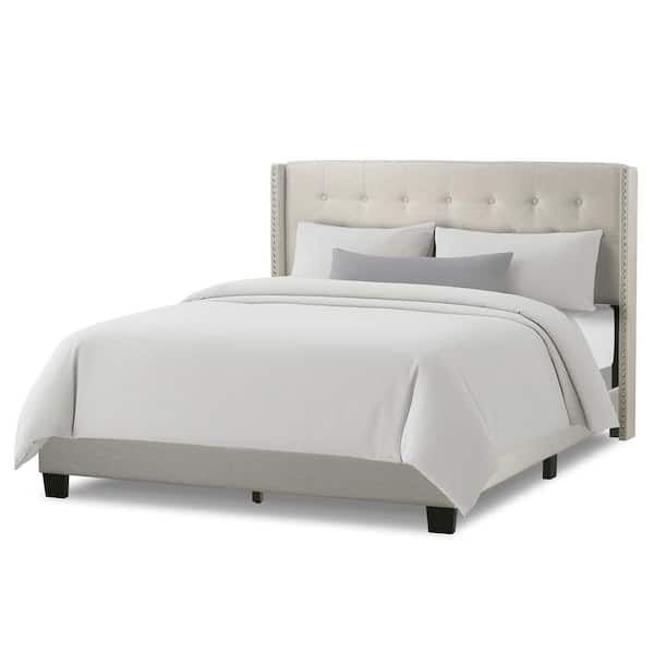 Asali Beige Fabric King Wingback Bed with Button Tufting and Nail Headed Wings