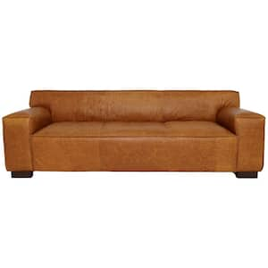 Kennet 93 in. Genuine Leather Square Arm Mid-Century Modern Sofa in Cognac