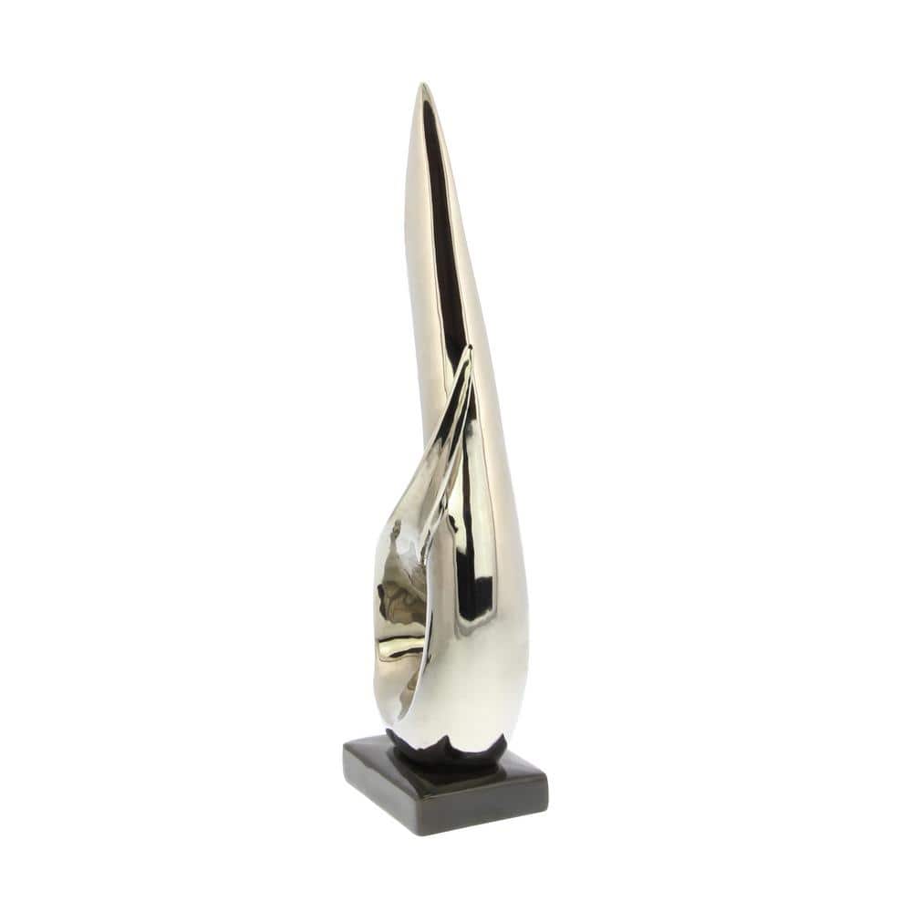 Silver Porcelain Abstract Sculpture with Black Base, 17" Height