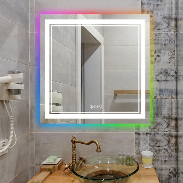 Unbranded Vanity Trident 36 in. W x 36 in. H Rectangular Frameless RBG LED Wall Mount Bathroom Vanity Mirror with Touch Dimmer