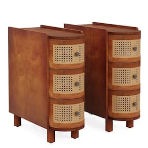 Kerlin 2-Pieces 23.62 in. Walnut Oak U-Shaped Solid Wood Side Table Cabinet Nightstand with Rattan 3-Drawer (Installed)