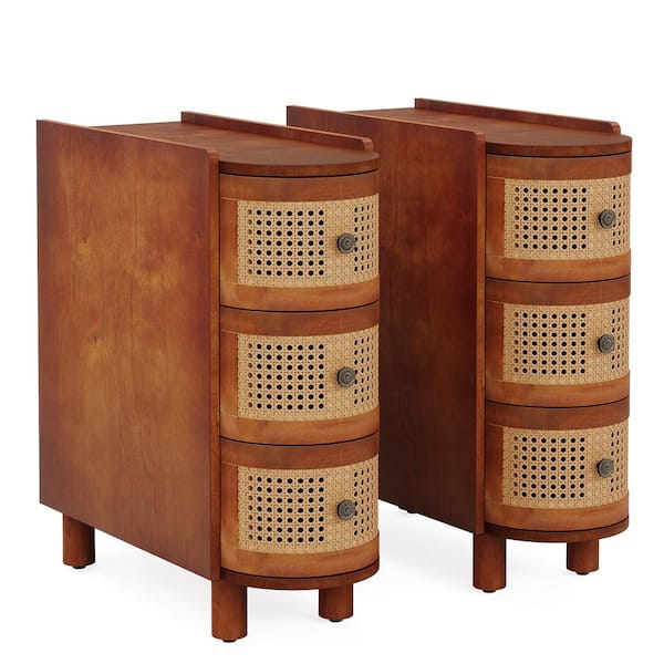 BYBLIGHT Kerlin 2-Pieces 23.62 in. Walnut Oak U-Shaped Solid Wood Side Table Cabinet Nightstand with Rattan 3-Drawer (Installed)