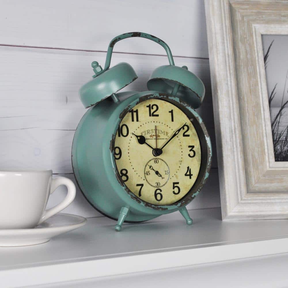 FirsTime & Co. 5 in. x 7 in. Teal Double Bell Table Top Clock 25681 - The  Home Depot