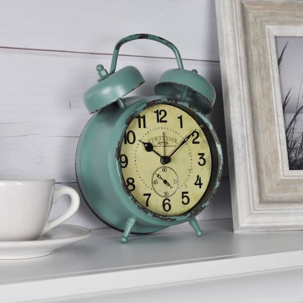 FirsTime & Co. 5 in. x 7 in. Teal Double Bell Table Top Clock