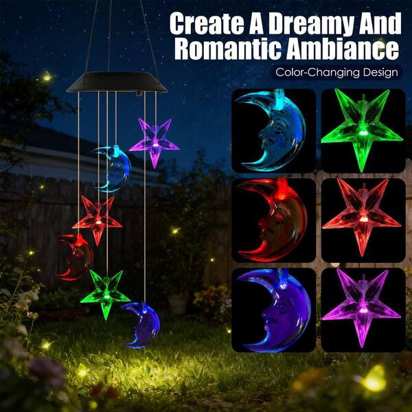 Solar Moon and Star Wind Chime 7-Color Changing Wind Chime for
