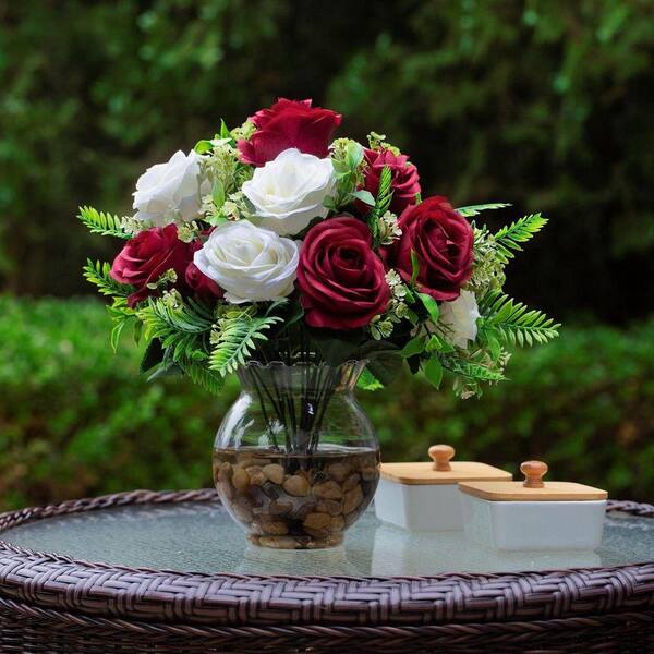 13 in. Red Indoor Artificial Rose Flowers Arrangement in Glass Pot