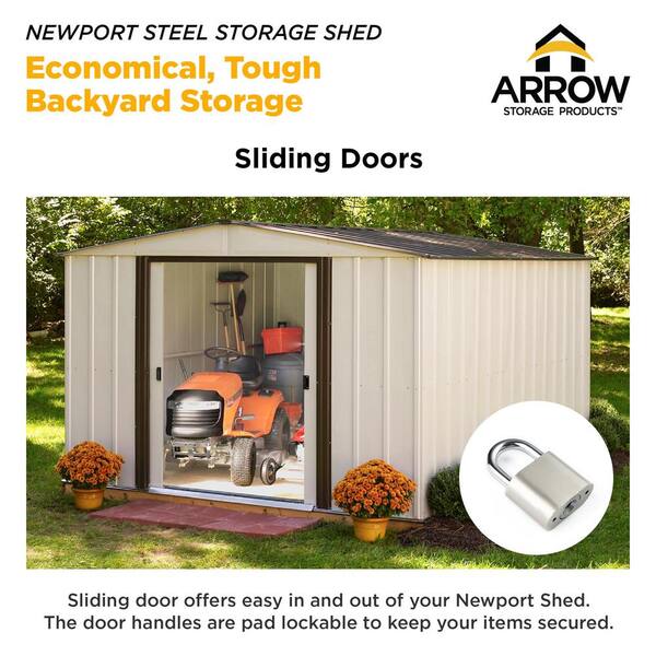 Arrow Newport 10 Ft X 12 2 Tone Eggs And Coffee Galvanized Metal Shed With Sliding Lockable Doors Np101267 Coffee Galvanized Metal Shed, Storage Shed With Sliding Doors