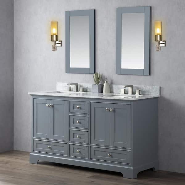 DESwan 60 in. W x 22 in. D x 34.3 in. H Double Sink Freestanding Bath Vanity in Gray with White Carrara Marble Top