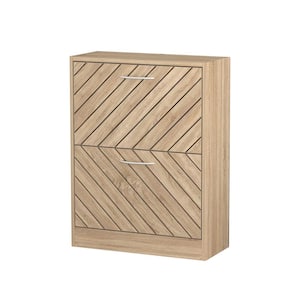 Natural Color 12-Pair Shoe Storage Cabinet with 2-Drawers and 4-Compartments and Wood Grain