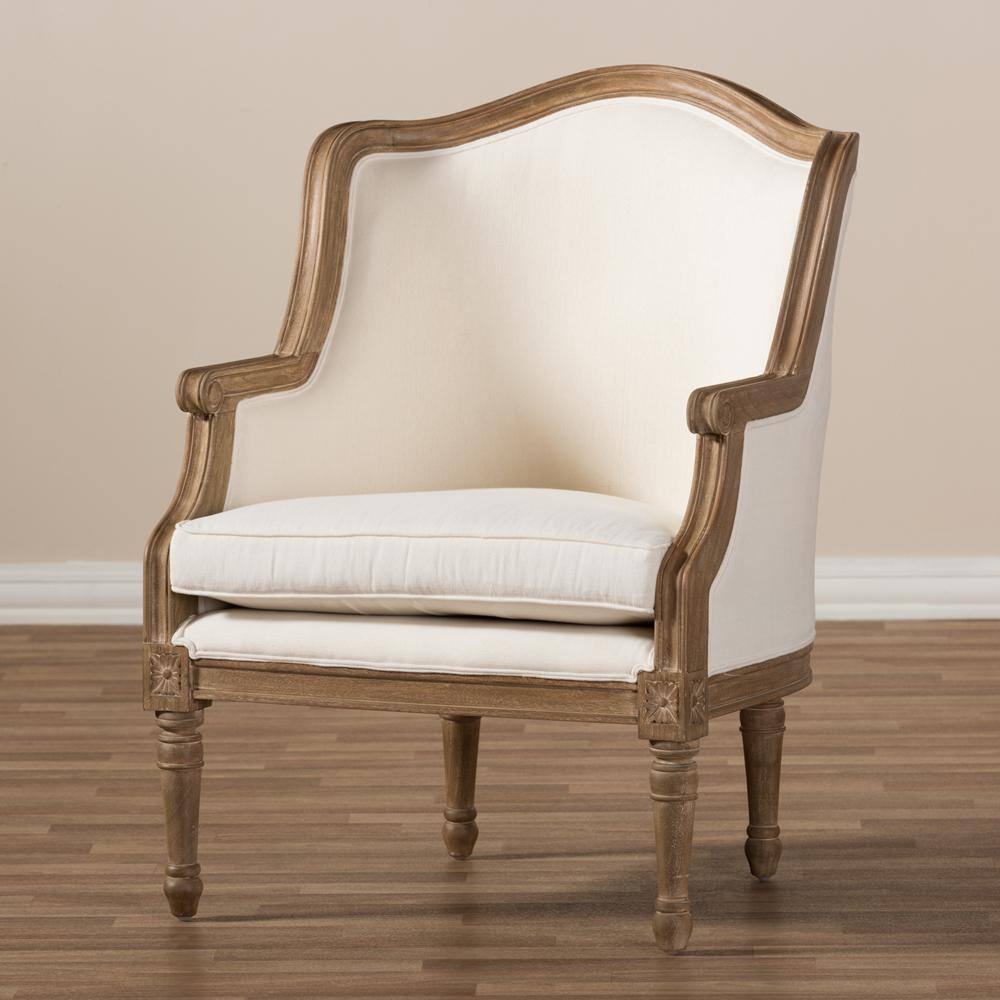 Charlemagne Distressed Brown Oak Wood French Accent Chair with Beige Cotton