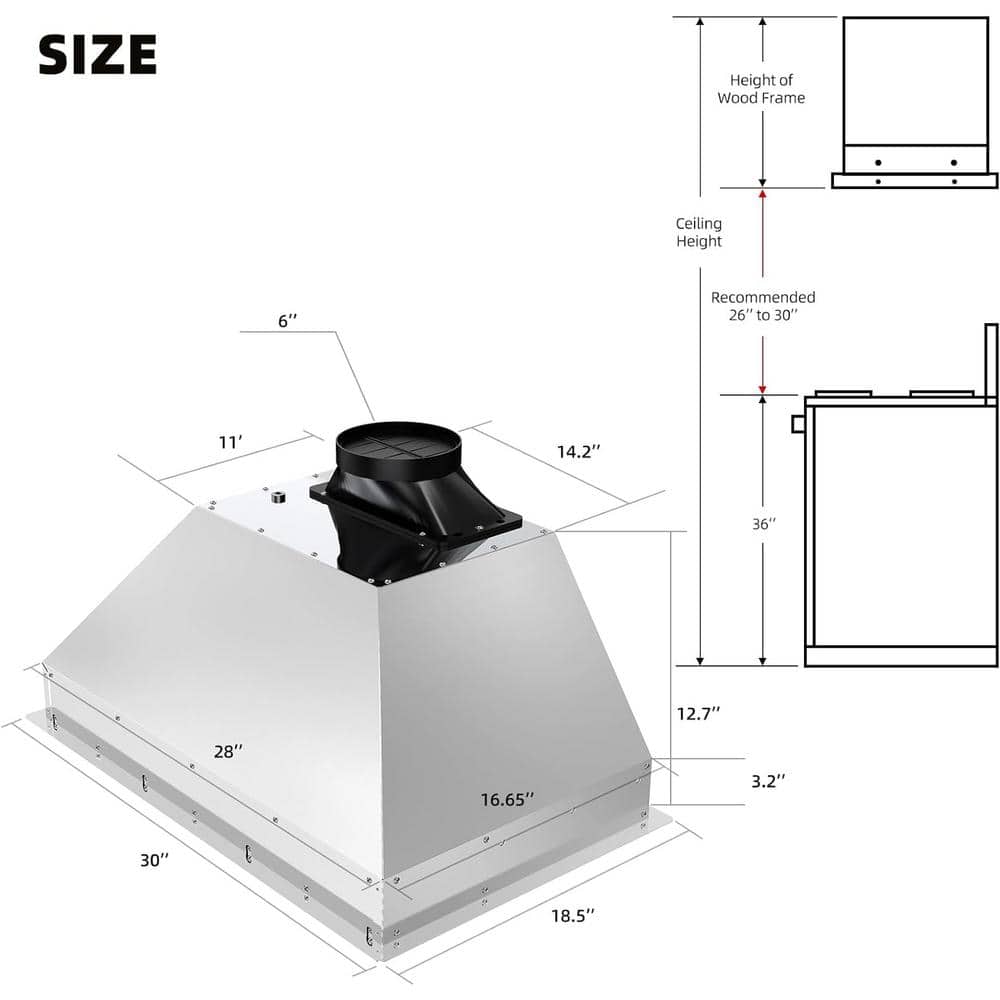 36 Inch Stainless Steel Convertible Insert Range Hood with LED Lights