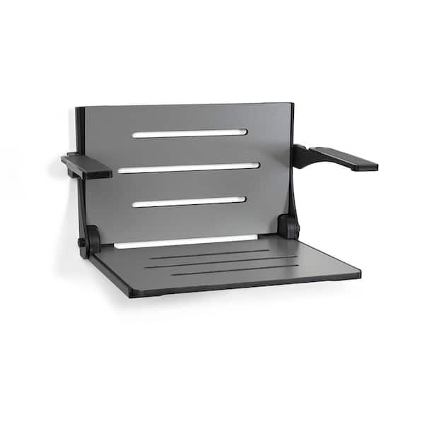 Silhouette Comfort Folding Wall Mount Shower Bench Seat with Arms, Grey Seat with Matte Black Frame