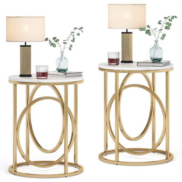 TRIBESIGNS WAY TO ORIGIN Andrea 20 in. Marble White Round Wood End Table with Gold O-shaped Base Set of 2