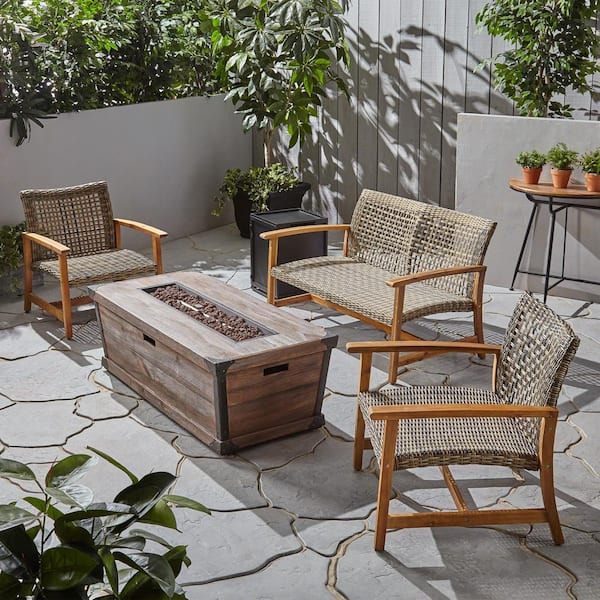 Noble House Azalea Natural Stained 5-Piece Wood Outdoor Patio Fire Pit Seating Set