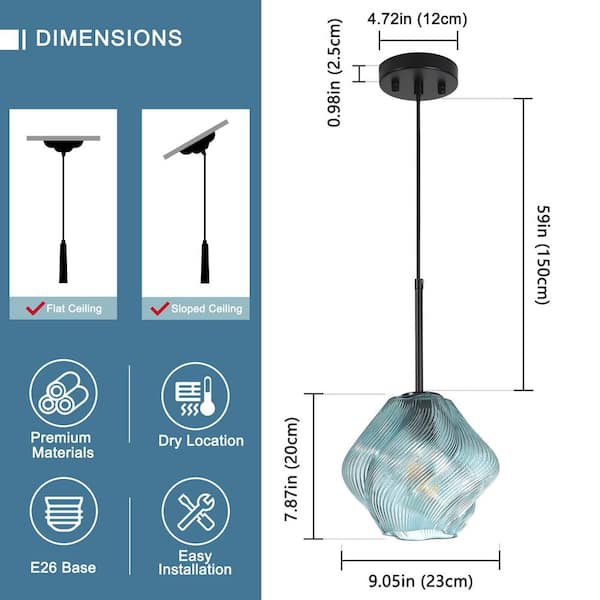 Merbotin Rayhome 9.05 in. 1-Light Modern Black Industrial Pendant