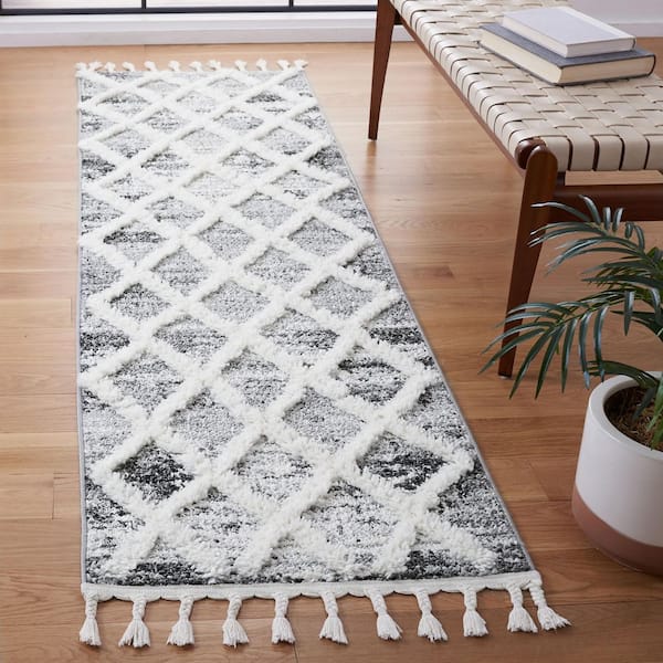 Moroccan Tassel Shag 2 ft. x 10 ft. Gray/Ivory Distressed High-Low Diamond Runner Rug