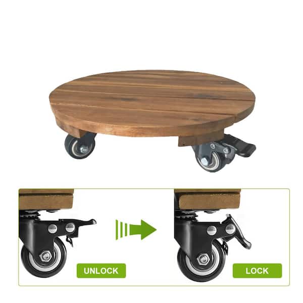 Ecostake Round Wood Plant Caddy with Wheels Diameter 12 in., Brown