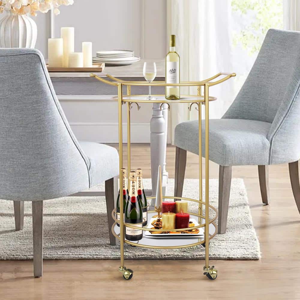 Gold Round Bar Cart with Glass Shelves and Wine Rack