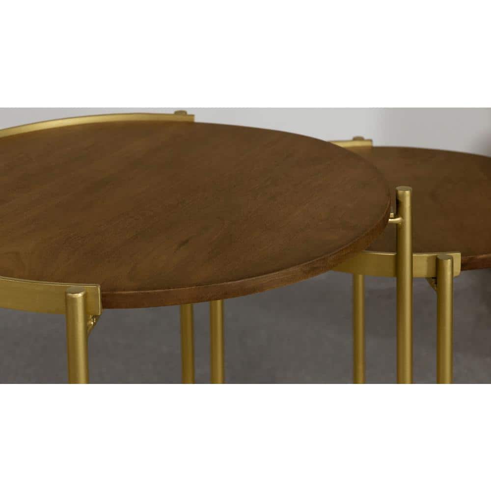 Round Dark Brown and Gold Wood Metal Nesting Tables