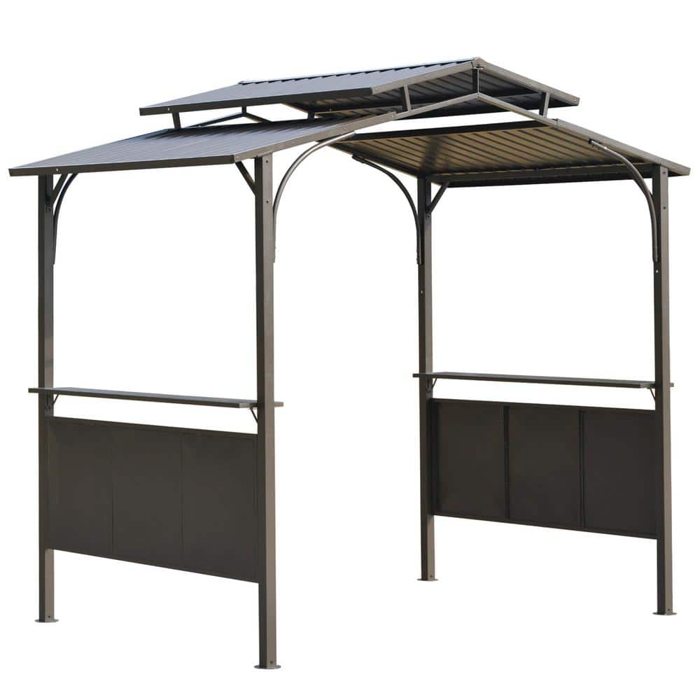 Brown Steel BBQ Grill Gazebo with Polycarbonate Roof and Side Shelves