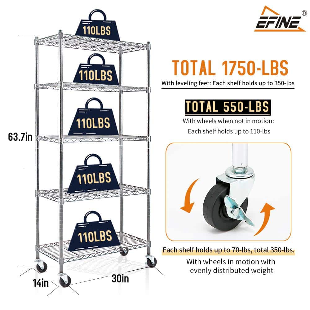 Chrome 5-Tier Adjustable Wire Shelving Unit with Wheels