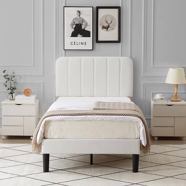 VECELO Upholstered Bed, White Twin Bed Platform Bed Frame with ...