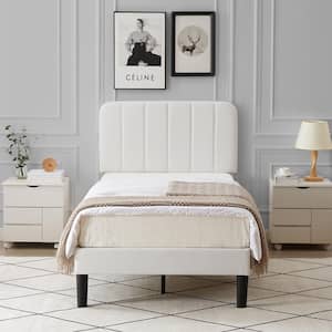 Upholstered Bed, White Twin Bed Platform Bed Frame with Adjustable Headboard, Strong Wooden Slats Support Bed Frame