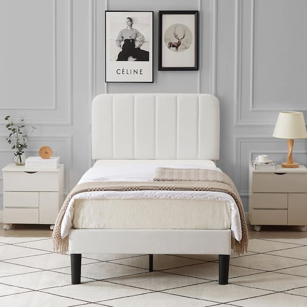 VECELO Upholstered Bed, White Twin Bed Platform Bed Frame with Adjustable Headboard, Strong Wooden Slats Support Bed Frame