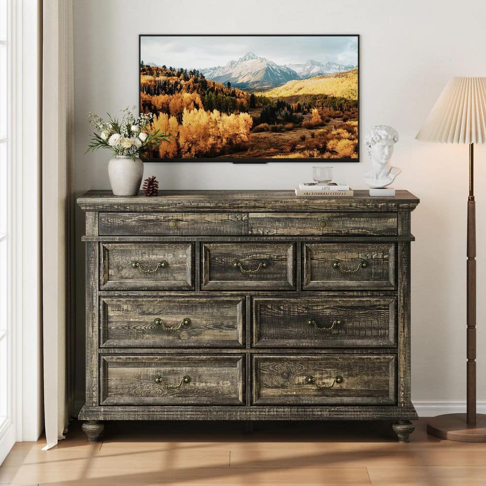 47 in. Farmhouse Dresser with 9 Drawers, Rustic Wood Chest w/ Vintage Metal Handles, Storage Organizer, Chest of Drawers