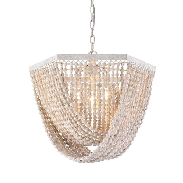 3-Light Antique White Finish Bowl Style Chandelier with Wooden Beads