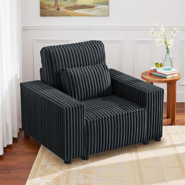 Oversized Black Corduroy Single Sofa Accent Chair with 26.8" Deep Seat and Removable Lumbar Pillow for Living Room