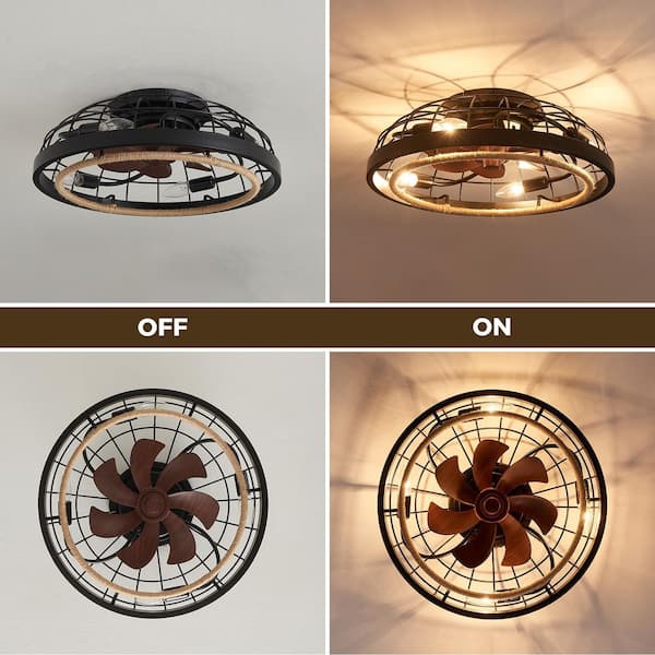 JUSHENG 19.7 in. 4-Light Black Caged Flush Mount Ceiling Fan with