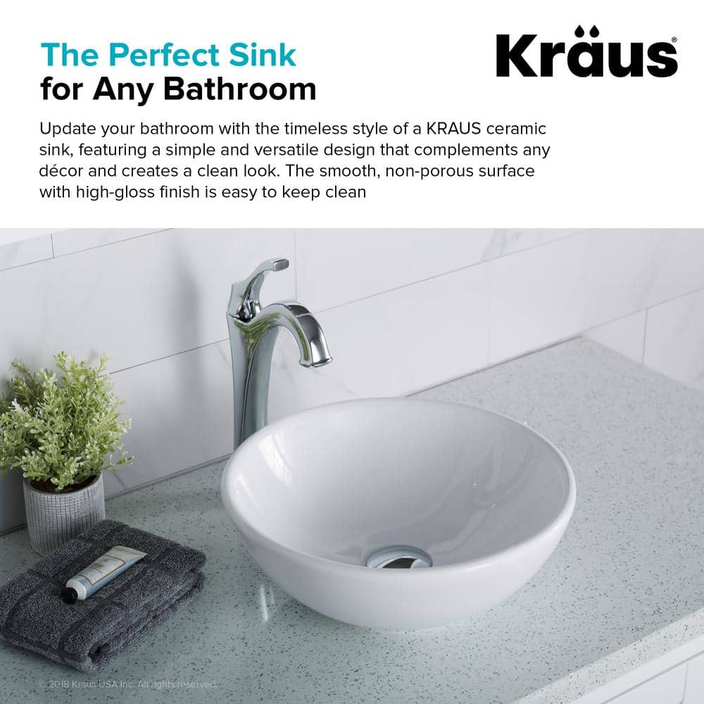 Elavo White Ceramic Round Vessel Bathroom Sink, 13 3/4 in