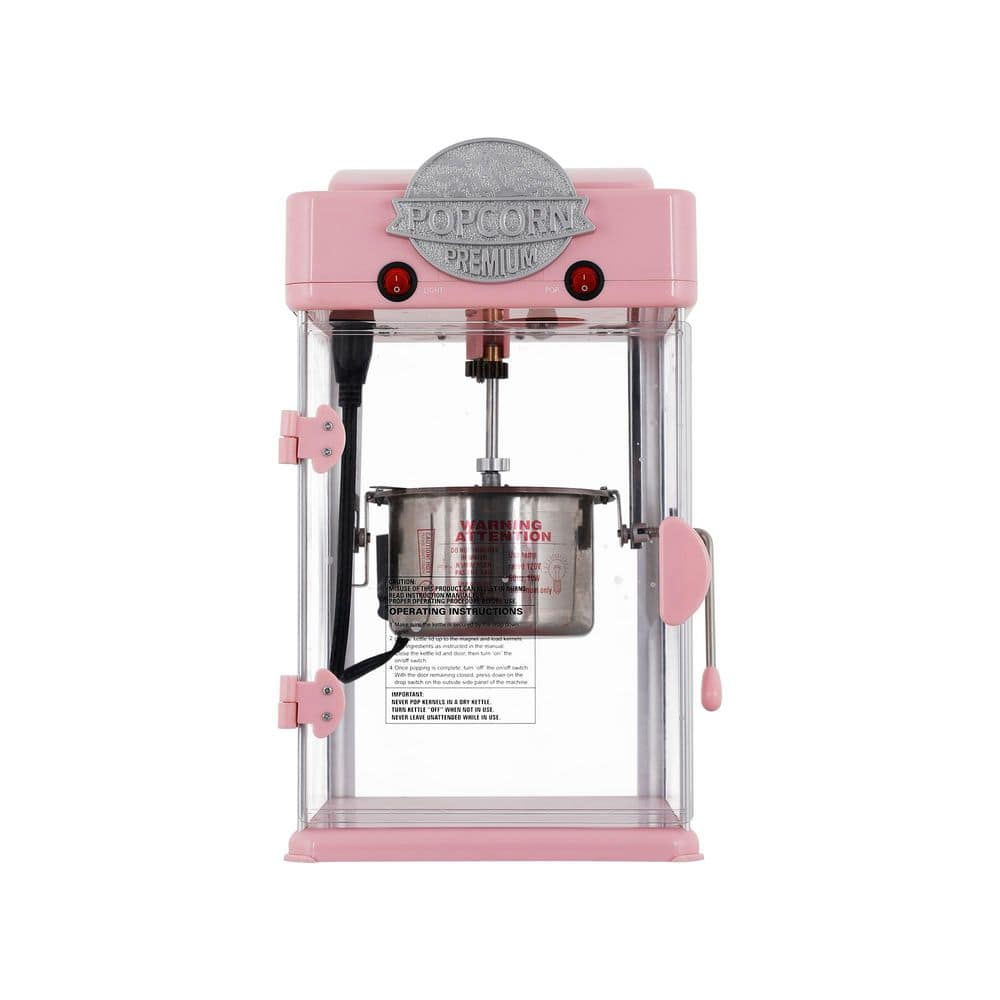 6 oz. 0.1875 qt. Stainless Steel Kettle Pink Plastic Tabletop Popcorn Machine with Measuring Cup and Scoop for Home
