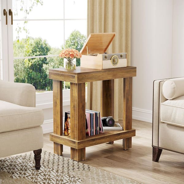 Andrea 23.62 in. Rustic Brown Wood Rectangle End Table, Record Player Stand with Storage,Tall Nightstand for Living Room