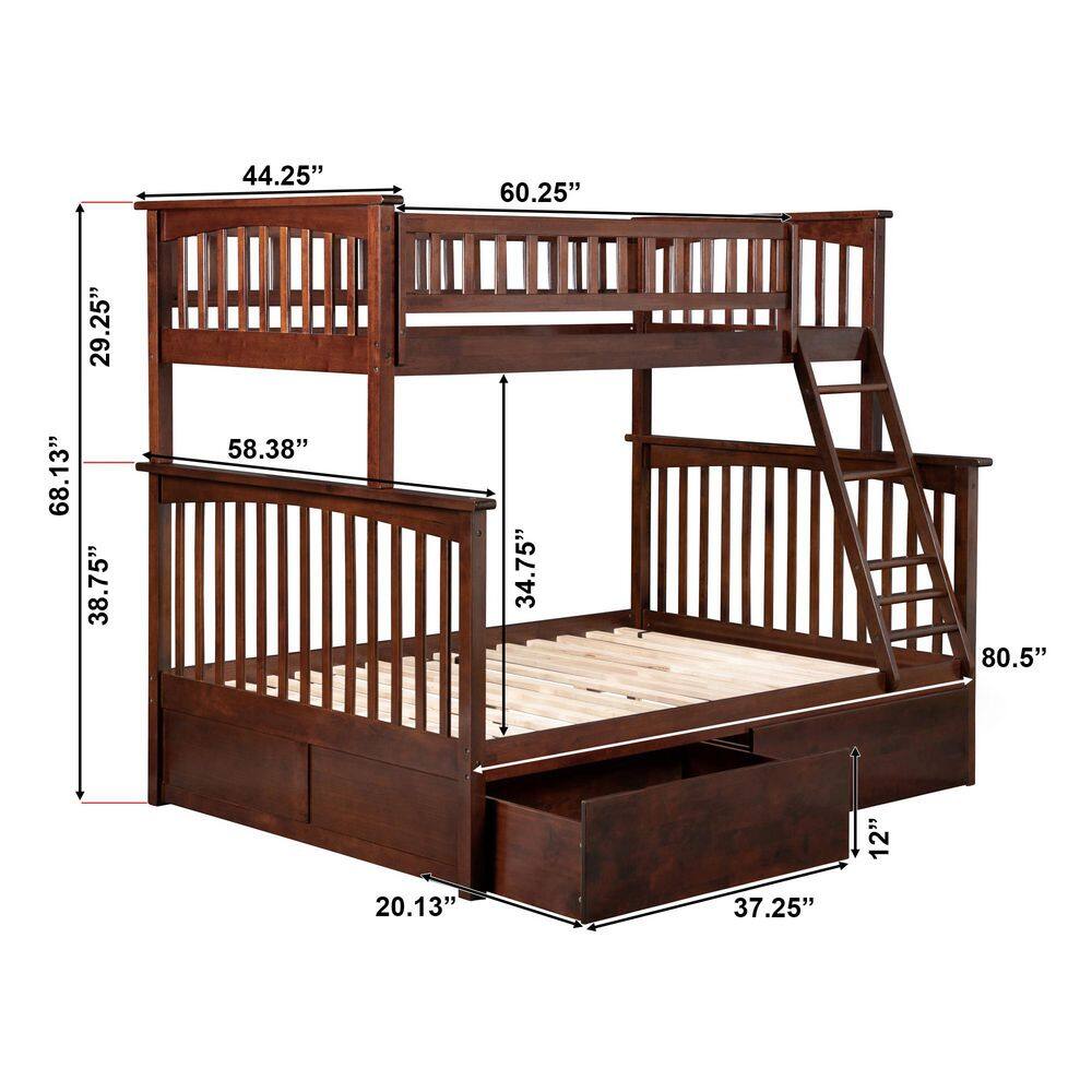 Walnut Full Size Bunk Bed with Storage Drawers