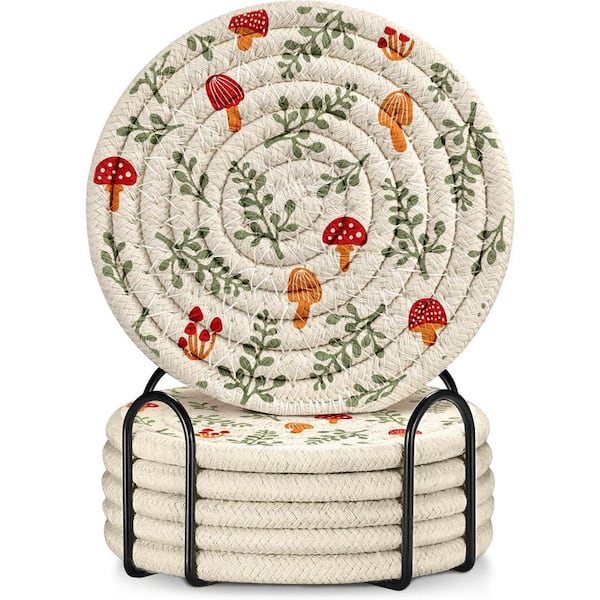 6-Piece Absorbent Cup Coaster Set with Holder, Woven Soft Cloth Braided Fabric, Farmhouse Rustic Style, Green