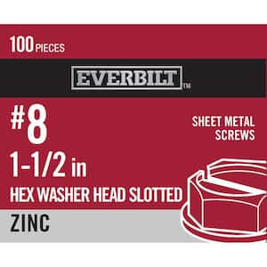 #8 x 1-1/2 in. Slotted Hex Head Zinc Plated Sheet Metal Screw (100-Pack)