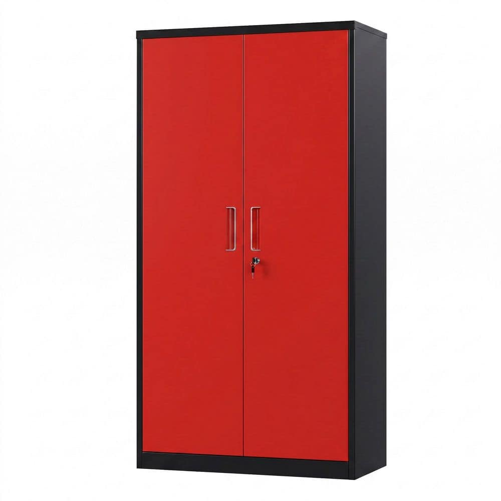 55 in. H x 31.5 in. W x 16 in. D Lockable Black and Red Metal Storage Freestanding Cabinet with 3-Adjustable Shelves
