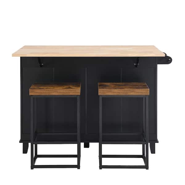 Oasis Black Wood 50.3 in. Kitchen Island with Drop Leaf and 2 Seatings, Dining Table Set with Storage Cabinet, Drawers