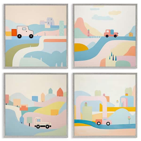 Stupell Industries Pastel Whimsical Landscapes by Lazar Studio 4-Pieces Gray Framed Nature Giclee Art Print 12 in. x 12 in.