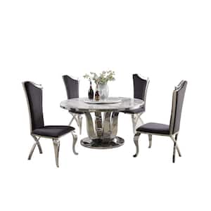 Gina 6-Piece Round Marble Top With Lazy Susan And Stainless Steel Base Table Set With 4 Long Back Dark Grey Chairs