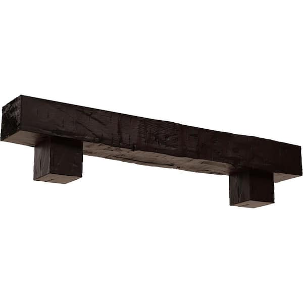 Ekena Millwork 4 in. x 6 in. x 7 ft. Hand Hewn Faux Wood Fireplace Mantel Kit, Alamo Corbels, Premium Mahogany