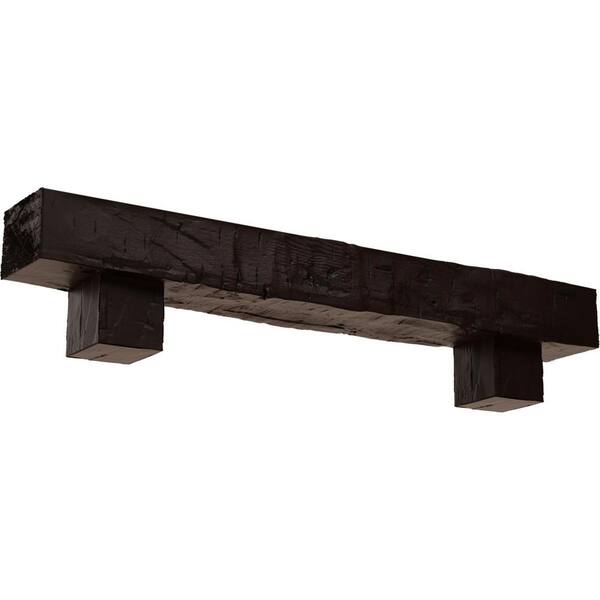 Ekena Millwork 6 in. x 6 in. x 4 ft. Hand Hewn Faux Wood Fireplace Mantel Kit, Alamo Corbels, Premium Mahogany