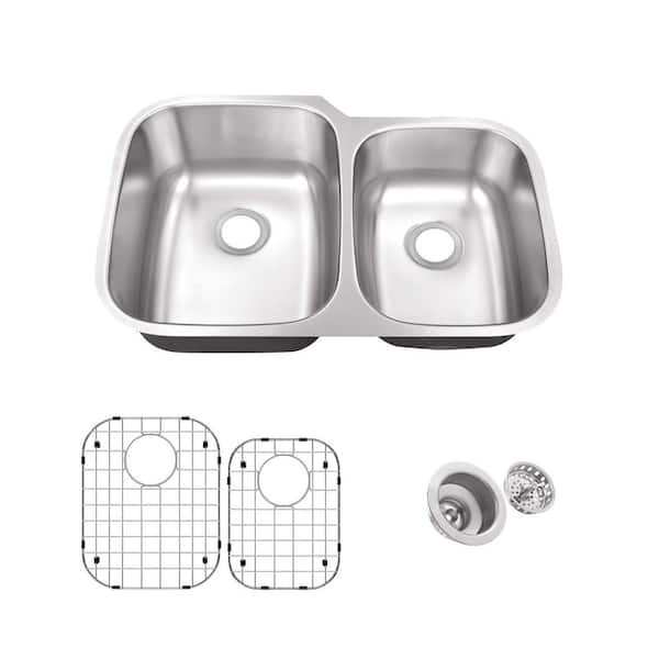 31.5 in. 60/40 Undermount Double Bowl 18-Gauge Stainless Steel Kitchen Sink with Bottom Grid