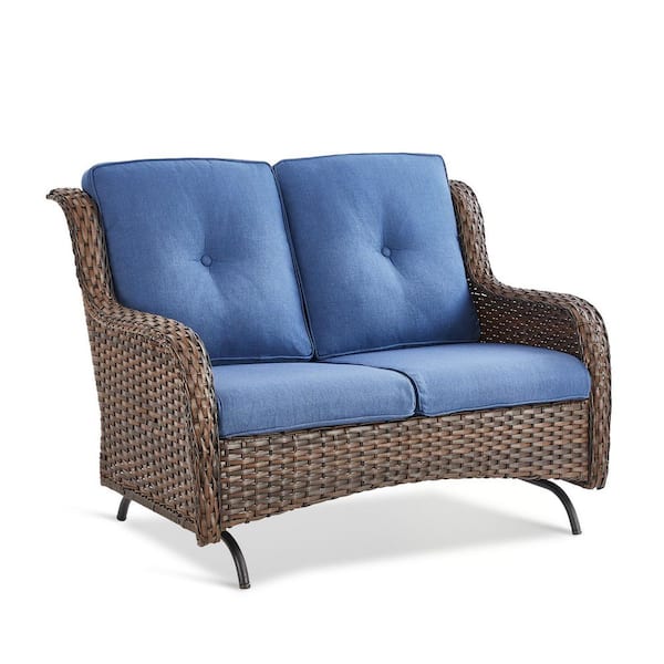 Gymojoy Carolina Patio 2-Person Brown Wicker Rocking Bench Outdoor Loveseat Glider with High Back and Deep Seat, Blue Cushions