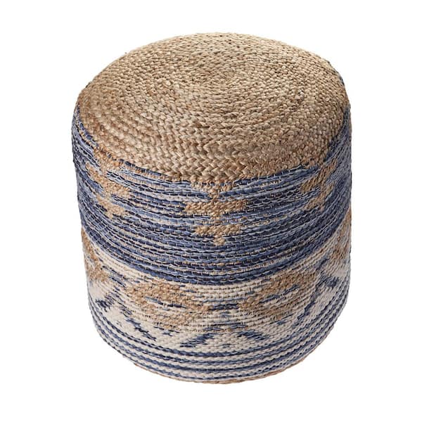 Unbranded Cora Navy Gray Geometric Hand-Woven Organic Jute Ottoman Pouf