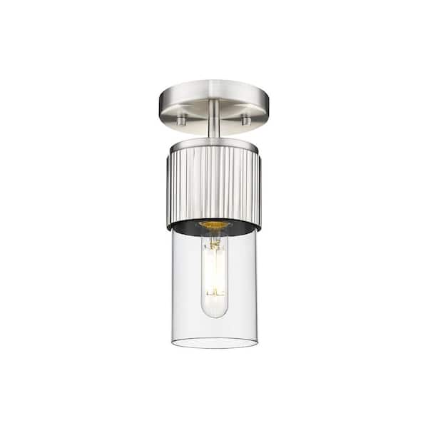 Bolivar 4 in. 1-Light Satin Nickel Industrial Flush Mount with Clear Glass Shade