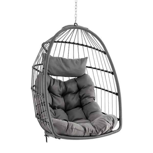 Costway 1-Person Gray Metal Wicker Patio Swing Hanging Egg Chair with Cushion